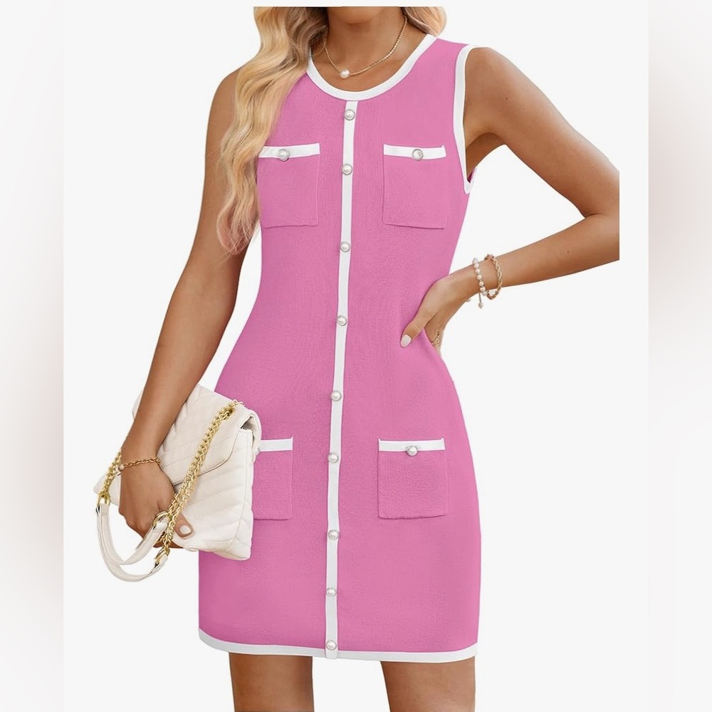 Work Dress Sleeveless Knit Dress - Pink & White Pearl Button, Size M ๐ธ๐ Brunch - Picture 1 of 8